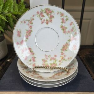 Set of 4 Vintage Germany Pink Rose Garland Saucers | Gold Trim Tea China 5.75"